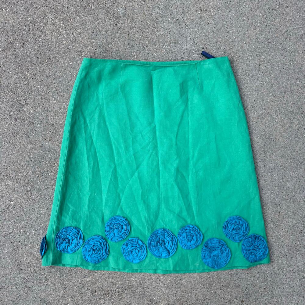 Boden Silk Linen Teal Green skirt 3D flowers A line Side Zip Lined Size 14R